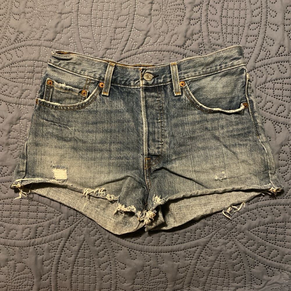 Levi’s 501 Blue Jean Shorts with Distressed Cut-Off Hem